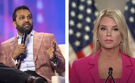 Kash patel in one frame on the left and Pam Bondi in another frame on the right.