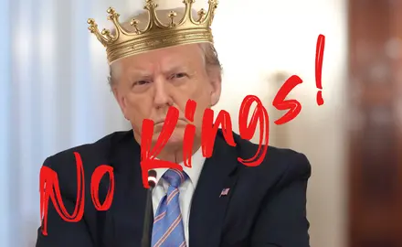 A photo of donald trump wearing a crown with the words "no kings" written across it. 