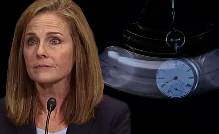 Amy Coney Barrett next to a swinging stopwatch