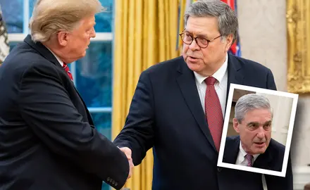 Donald Trump and AG Barr shake hands; there is an overlaid photo of Mueller