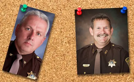 To images of male sheriffs pinned to a bulletin board.