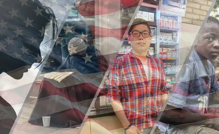 Blended image showing a the silhouette of a woman, a homeless individual, an Asian man, and a young Black child