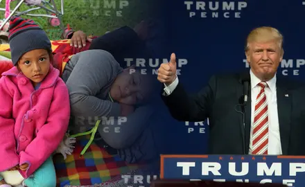 Left: A Salvadoran family fleeing poverty and gang violence wakes up at dawn at an ad hoc migrant shelter at a sports field near the U.S.-Mexico border in November 2018. Right: Trump gives a thumbs up at a campaign rally in September 2016.