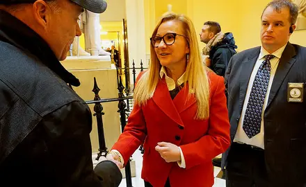 Sen. Amanda Chase, R-Chesterfield, shakes hands with a gun advocate in the Virginia state Capitol on Jan. 20, 2020. Photo by Jeffrey Knight