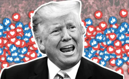 A picture of Donald Trump in front of a bunch of social media icons.