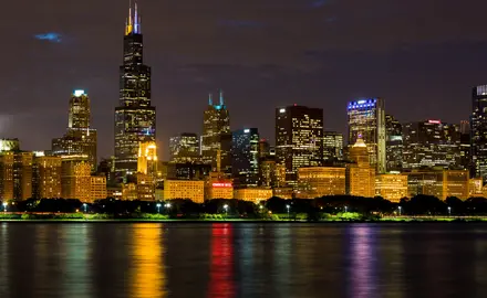 A photo of the Chicago skyline at night.