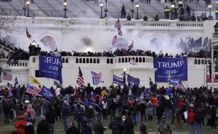 Insurrectionists loyal to President Donald Trump storm the Capitol, Jan. 6, 2021, in Washington. The former president is scheduled to appear in D.C. court today to confront new charges related to his effort to overturn the results of the 2020 presidential election.