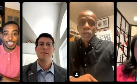 A screen shot of a video discussion between four individuals.