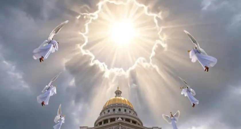 Illustration shows angels surrounding a portal to the heaves above the Colorado statehouse. 