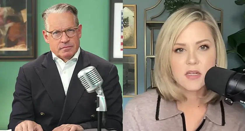 Split screen image from Eric Metaxas podcast shows Metaxas on left seated behind a microphone and Megan Basham on the right, seated and speaking into a microphone. 