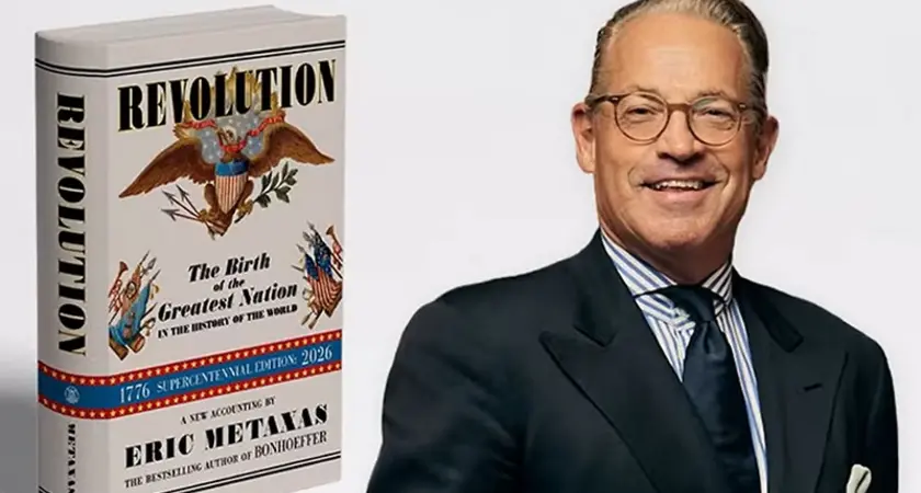 The left side of the image is a photograph of Eric Metaxas' book "Revolution." The ride side is a chest-and-head portrait of Metaxas in suit and tie smiling for the camera. 