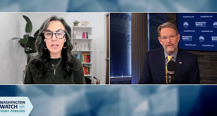 Split-screen image from "Washington Watch with Tony Perkins." Katy Fausst, a white woman with long black and gray hair, is seated at the left in what looks like a home office; FRC President Tony Perkins is on the right in a studio setting with FRC logos visible behind him. 