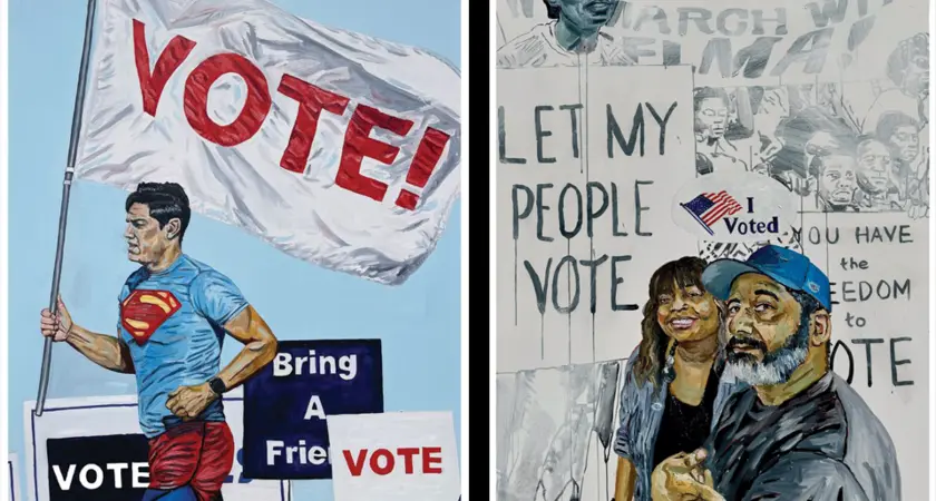 Two pieces of art by Michael Dixon. Left: A painting of a man in a Superman t-shirt running with a flag that reads "VOTE!" and Right: A painting of two people in front of a protest in which a sign is being held reading "Let my people vote." 