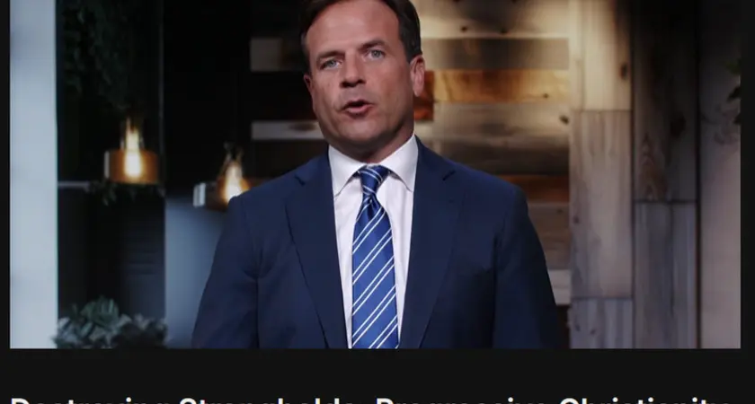 Rob Pacienza, in suit and tie, speaks into camera over text reading "Destroying Strongholds: Progressive Christianity"