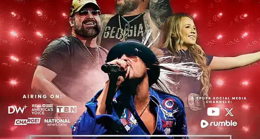 Promotional poster for TPUSA's "All-American Halftime Show" featuring Kid Rock and other musicians.