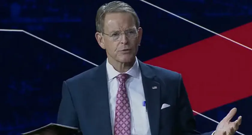 Tony Perkins speaking while seated on stage at Pray Vote Stand conference