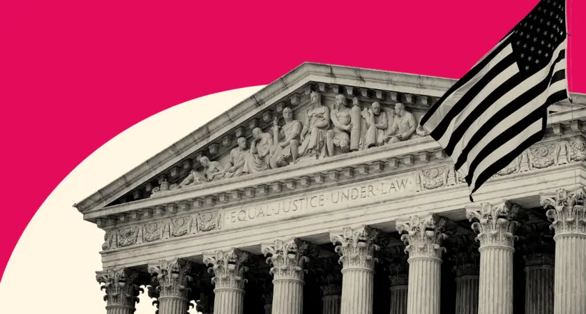 Stylized picture of the Supreme Court against a red background