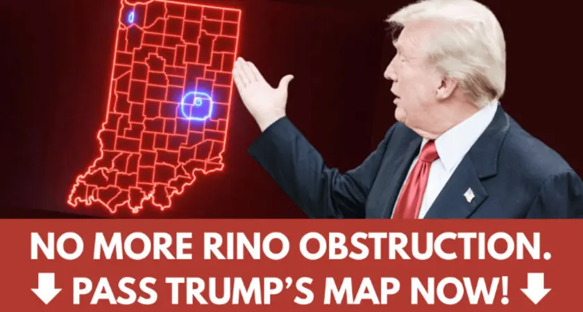 Graphic from online fundraising page shows Trump gesturing at a map of Indiana. Text reads NO MORE RINO OBSTRUCTION. PASS TRUMP'S MAP NOW!