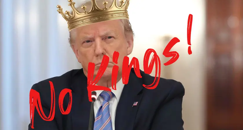 A photo of donald trump wearing a crown with the words "no kings" written across it. 