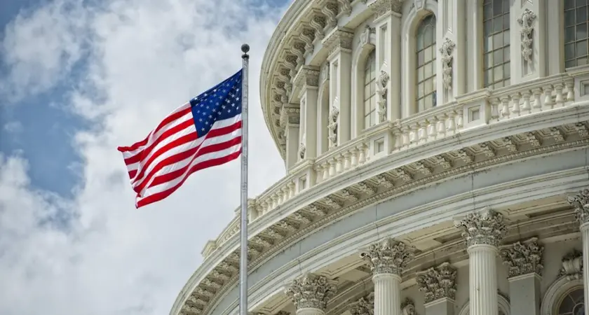 An American flag outside the Capitol building.