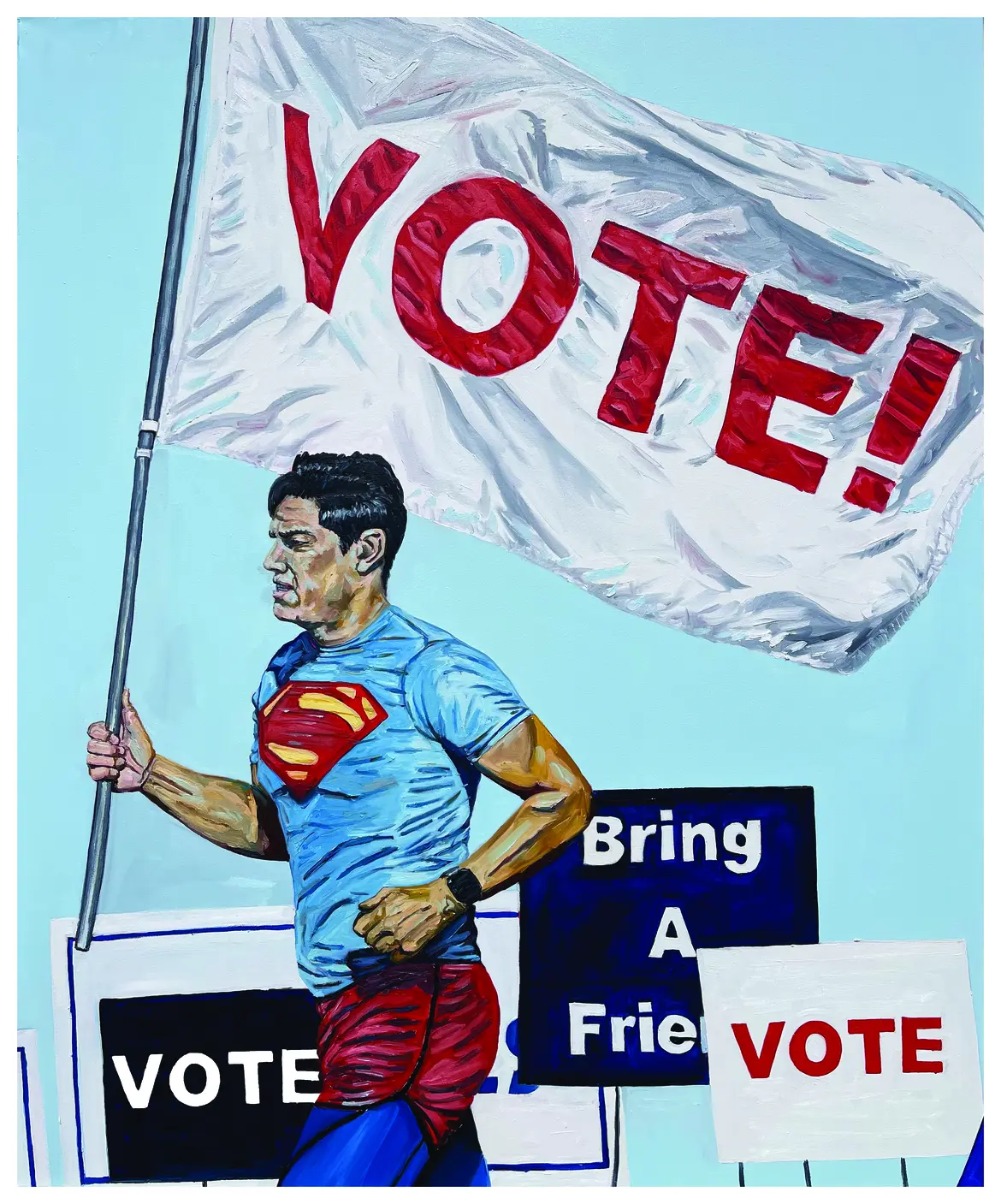 A painting by artist Michael Dixon featuring a man running in a superman t-shirt carrying a sign that says VOTE!