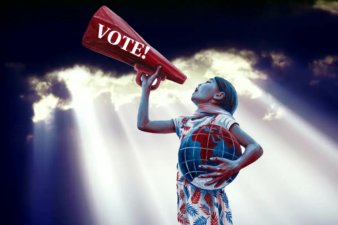 A painting of a girl in a red and blue and white dress holding a globe and shouting into a megaphone that says "Vote" on it with sunshine beaming through clouds in the background.