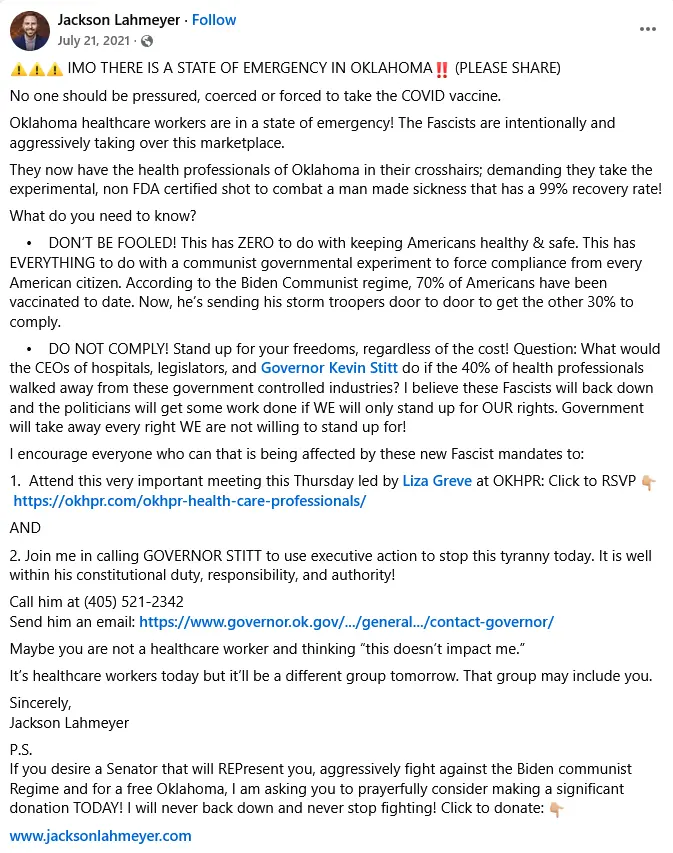 Jackson Lahmeyer Fascist FB Post