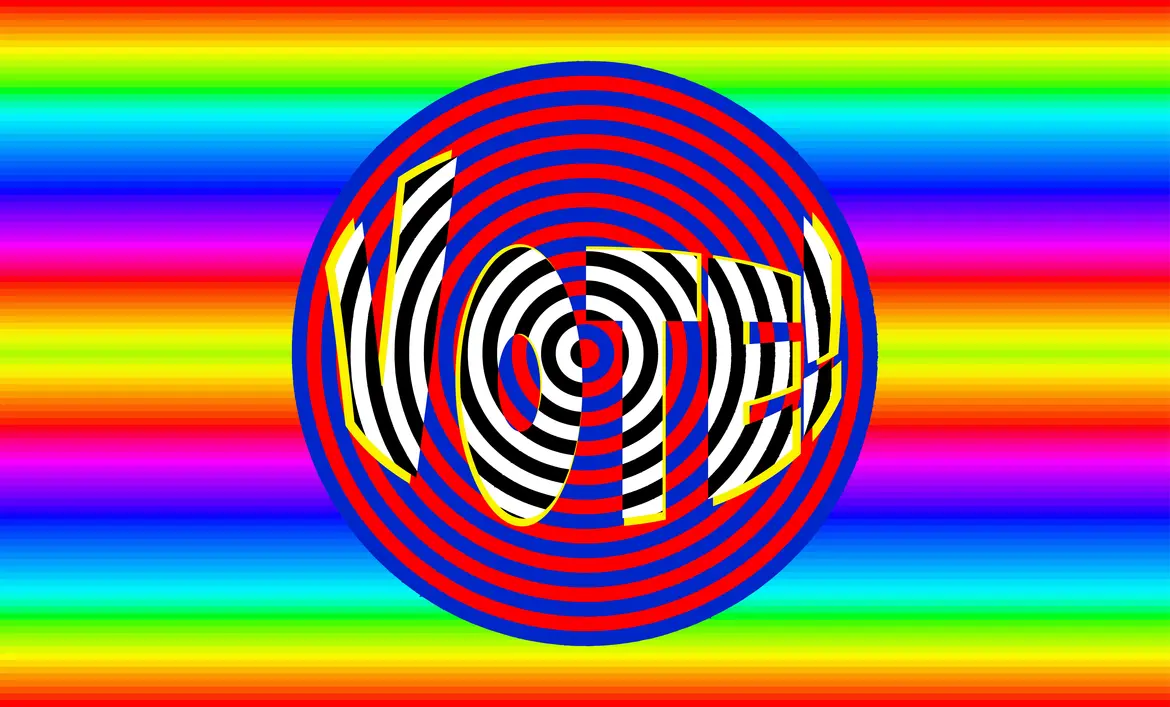A rainbow background with a dark blue and pink circle graphic with the word VOTE! stylized inside it