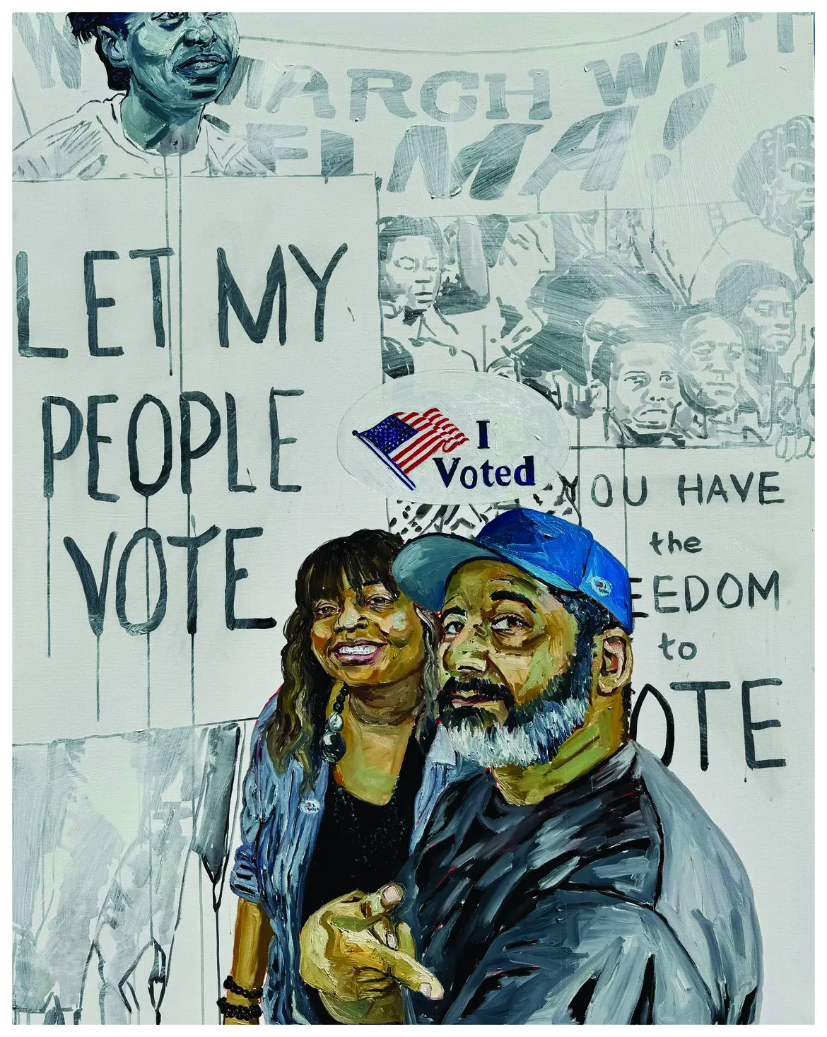 A painting by artist Michael Dixon featuring a man and woman in front of a wall with signs reading "let my people vote"