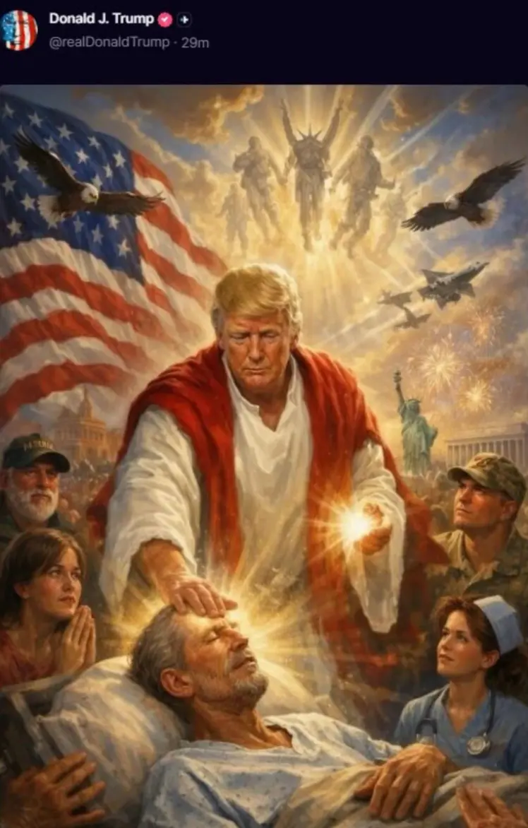 AI generated figure of a large Christ-like Trump in white and red robe, with glowing hands, one placed on the forehead of a presumably sick or dead man; Trump is surrounded by people gazing at him in adoration, with a US flag, eagles, warplanes, and possibly supernatural figures in the sky behind him. 