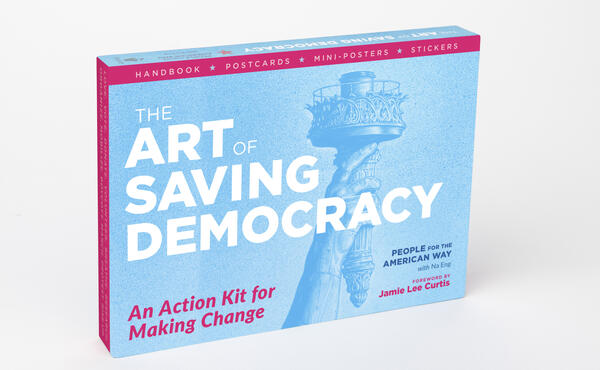 A small blue box with text "The Art of Saving Democracy"