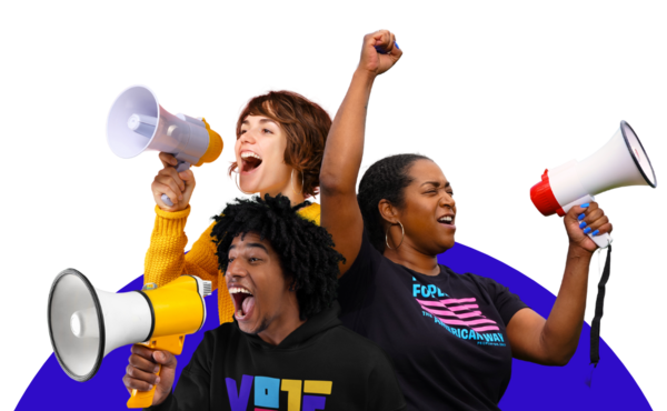 Three people with megaphones in front of a blue half circle