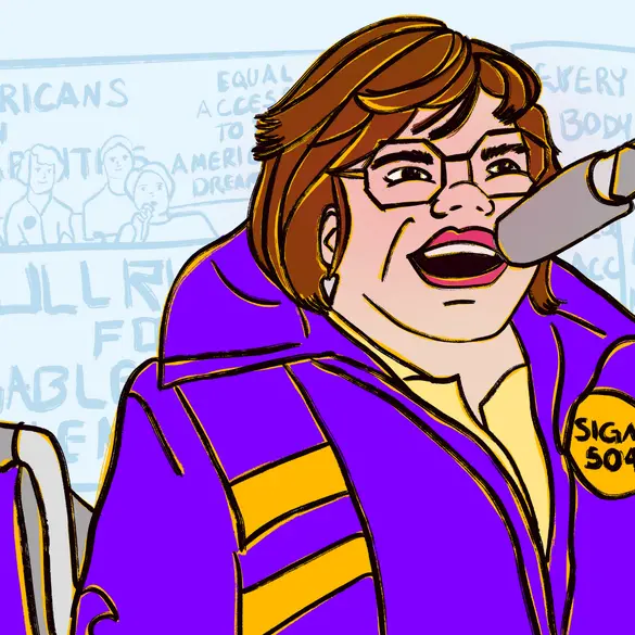 A portait of Judy Heumann speaking into a microphone