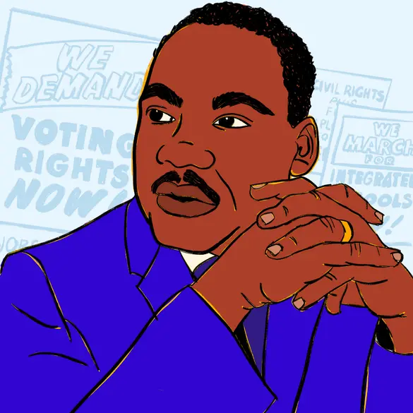 A portait of Martin Luther King Jr. in front of voting rights now signs