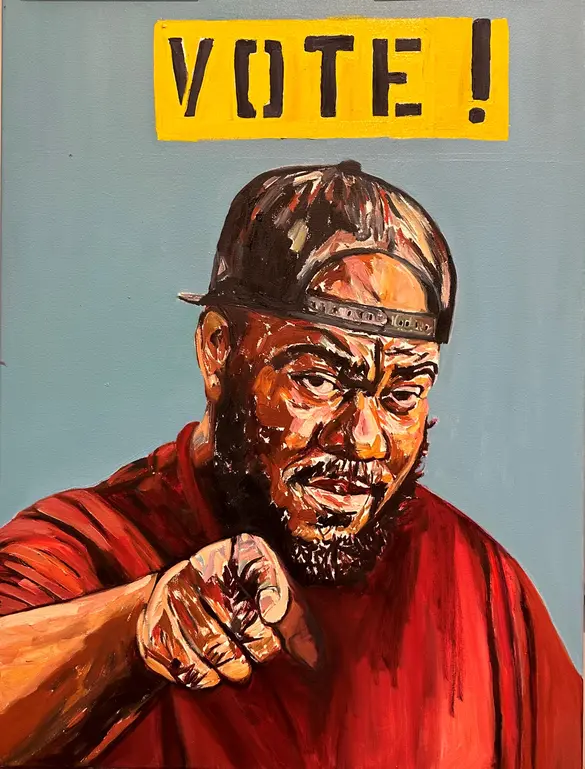 A painting of a Black man wearing a red shirt and brown hat pointing at the viewer with text reading VOTE!