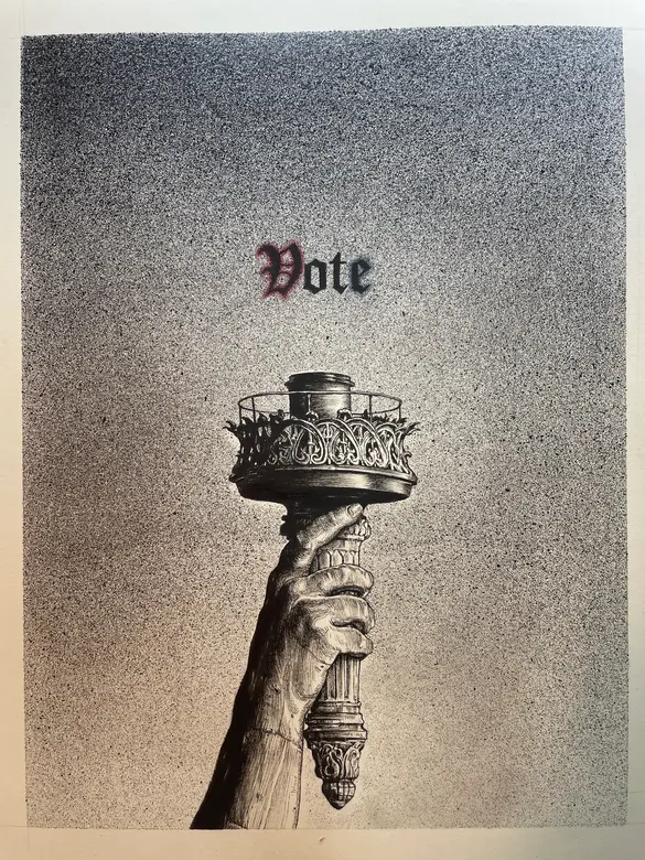 A drawing of the Statue of Liberty's arm holding an unlit torch with the word "Vote" above it.