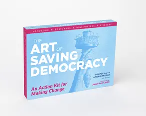 A small blue box with text "The Art of Saving Democracy"