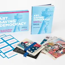 A collection of items from the Art of Saving Democracy, including book, stickers and posters