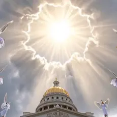 Illustration shows angels surrounding a portal to the heaves above the Colorado statehouse. 