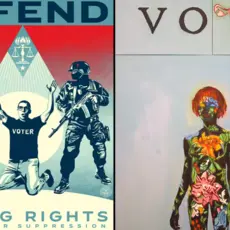 Art for democracy-- piece by Sheppard Fairey on the left and Beverly McIver on the right
