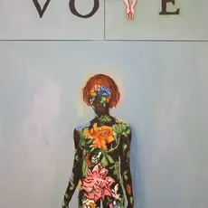 Art by Beverly McIver that has a woman covered in flowers and the message "VOTE" with the T being a uterus