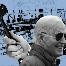 Graphic with President Biden transposed around courtroom materials