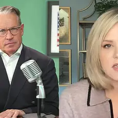 Split screen image from Eric Metaxas podcast shows Metaxas on left seated behind a microphone and Megan Basham on the right, seated and speaking into a microphone. 