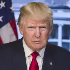 Portrait of a scowling Donald Trump with U.S. flag and image of White House in backbround.