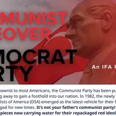 Image shows opening graphic of IFA "prayer guide" with title THE COMMUNIST TAKEOVER OF THE DEMOCRAT PARTY, with the first three words in red, the rest in black. The text appears over an image of a Turkish flag alongside what appears to be a bust or statue of Mustafa Kamal Atatürk, founder and first president of the Republic of Turkey.