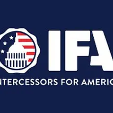 Logo includes IFA in large text next to a graphic showing the Capitol dome and US flag imagery, with "Intercessors for America" spelled out underneath. Text is white on a navy blue background.