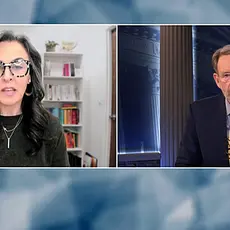 Split-screen image from "Washington Watch with Tony Perkins." Katy Fausst, a white woman with long black and gray hair, is seated at the left in what looks like a home office; FRC President Tony Perkins is on the right in a studio setting with FRC logos visible behind him. 