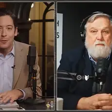 Split screen image from podcast shows host Michael Knowles at left seated at his studio desk and Doug Wilson on the right seated in front of a microphone with an image of his new book visible behind him.