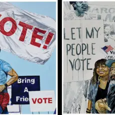 Two pieces of art by Michael Dixon. Left: A painting of a man in a Superman t-shirt running with a flag that reads "VOTE!" and Right: A painting of two people in front of a protest in which a sign is being held reading "Let my people vote." 