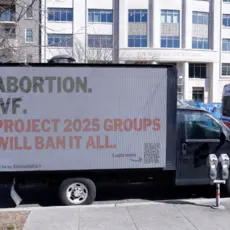 “Expose Project 2025” campaign, Heritage Foundation, March 2024, Washington, DC. Photo: Paul Morigi/Getty Images for Accountable.US